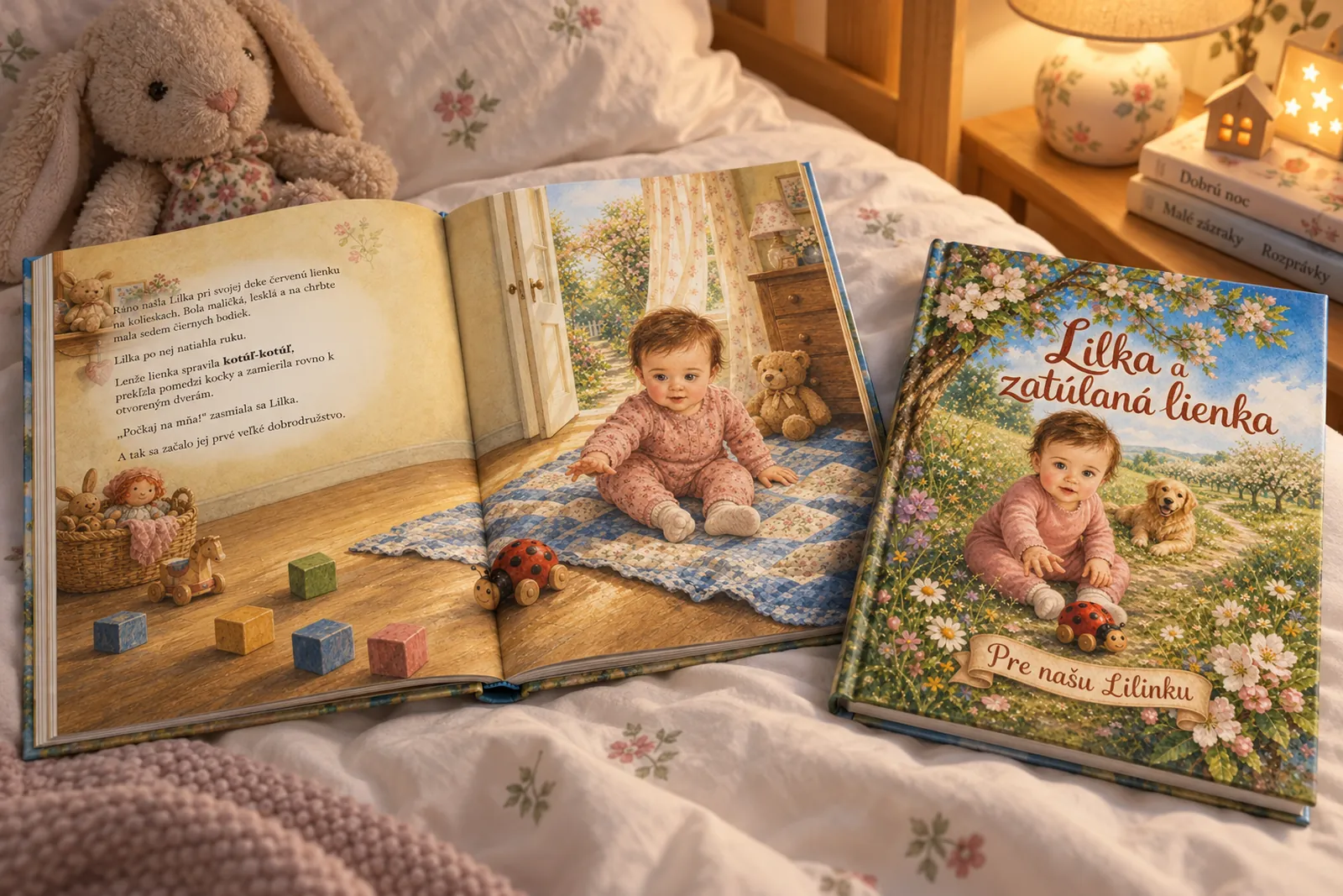 Rozprávka Lilka a zatúlaná lienka otvorená na detskej posteli pri večernej lampe