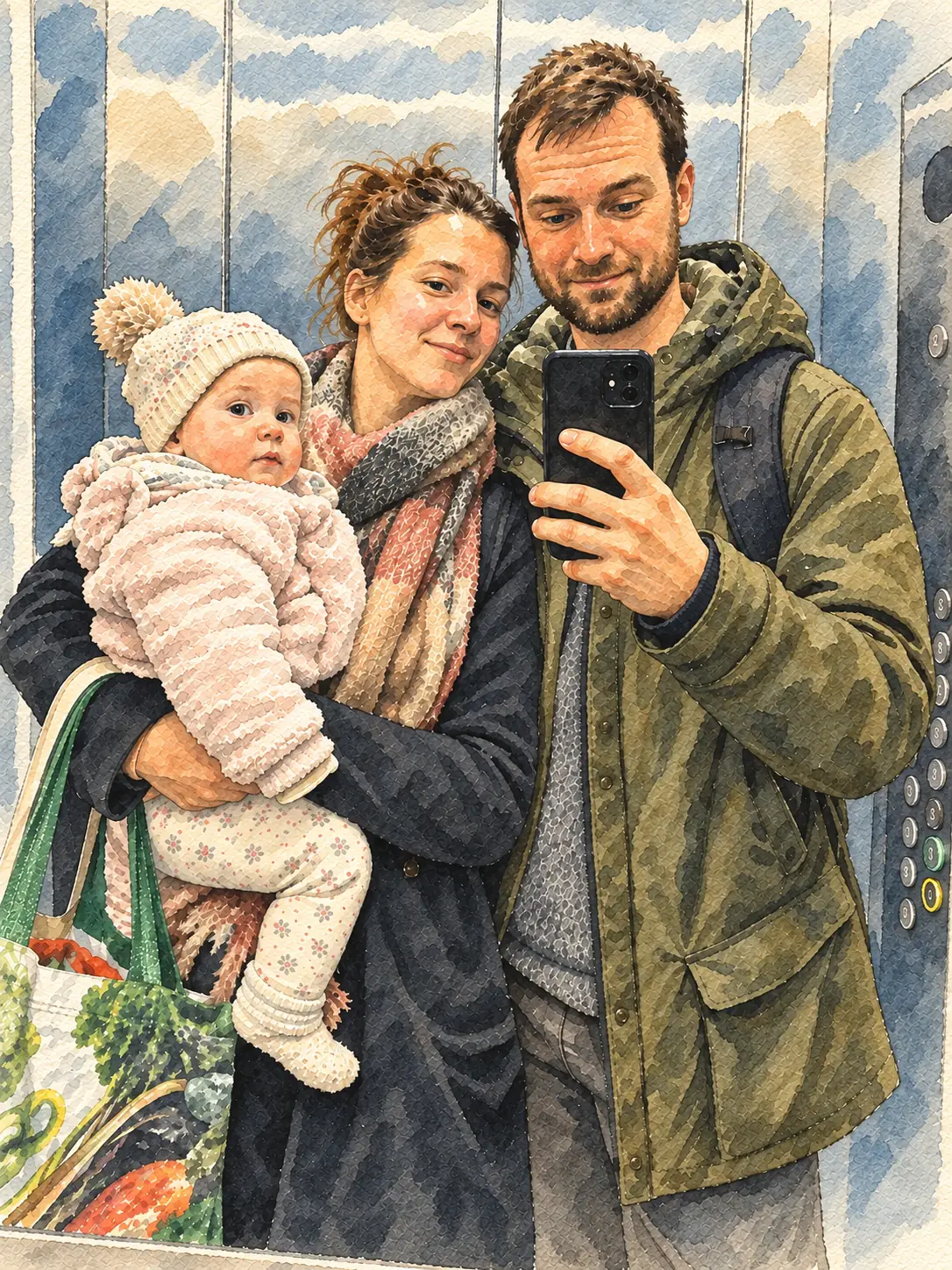 Ilustrácia: rodičia s bábätkom vo výťahu, akvarel