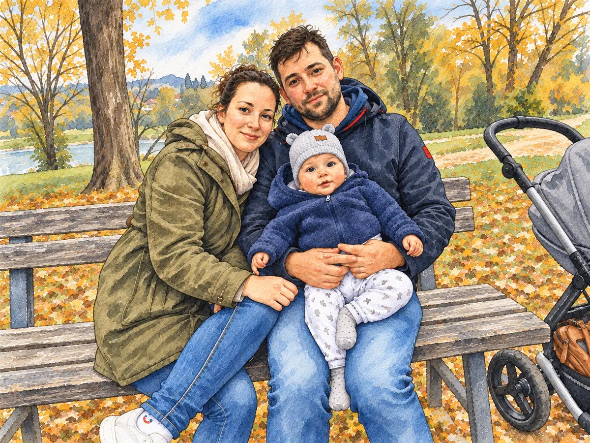 Ilustrácia z knihy: rodina s bábätkom na lavičke v jesennom parku, akvarel