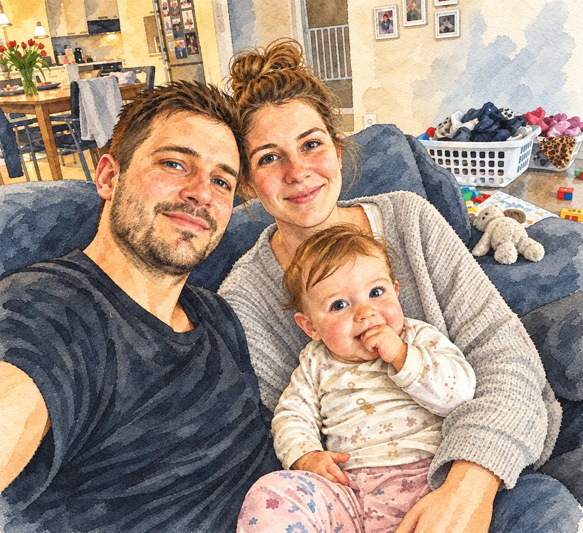 Ilustrácia: rodičia s dieťaťom na pohovke, akvarel