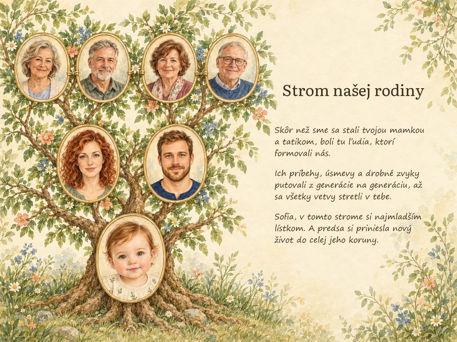 Dvojstrana Strom našej rodiny: portréty troch generácií v korune stromu, z ukážkovej knihy o Sofii